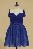 Straps A Line Hoco Dresses Lace With Ruffles & Beads Rjerdress