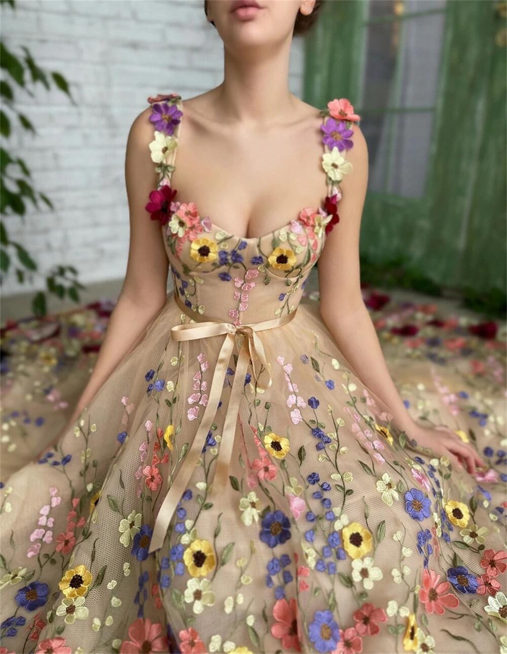 Straps A Line Tulle  Prom Dresses With 3D Flower Rjerdress