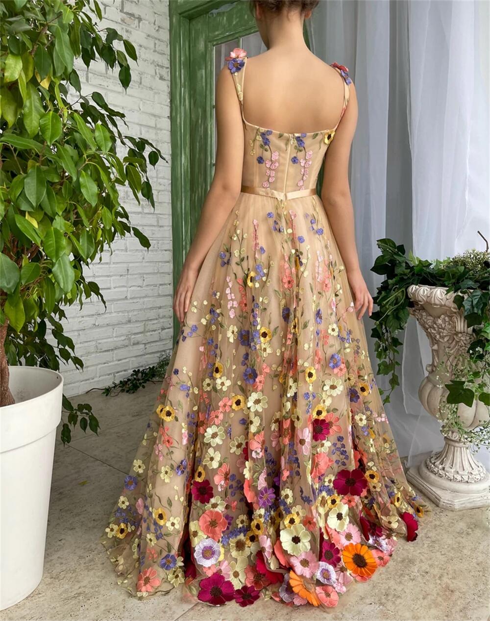 Straps A Line Tulle  Prom Dresses With 3D Flower Rjerdress