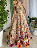 Straps A Line Tulle  Prom Dresses With 3D Flower