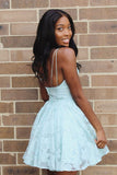 Straps A-line Short Blue V Neck Homecoming Dress Lace Appliques Backless Graduation Dresses H1211 Rjerdress