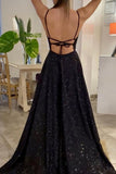 Straps Long Prom Dress Black Backless Charming Evening Dress With Sequins Rjerdress