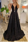 Straps Long Prom Dress Black Backless Charming Evening Dress With Sequins Rjerdress