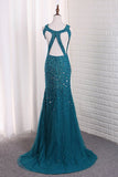Straps Mermaid Party Dresses Tulle With Beads And Slit Open Back Rjerdress