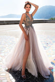 Straps Prom Dresses A Line Tulle With Beading And Slit New Arrival