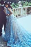 Straps Prom Dresses A Line Tulle With Handmade Flowers Sweep Train Rjerdress