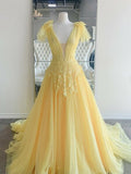 Straps Tulle A Line With Applique V Neck Prom Dresses Sweep Train Rjerdress