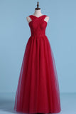 Straps Tulle Pleated Bodice Bridesmaid Dresses A-Line Rjerdress