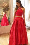 Straps Two Piece Satin & Lace With Beads A Line Prom Dresses