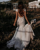Straps V Neck Mermaid Lace Wedding Dresses With Applique Court Train Rjerdress