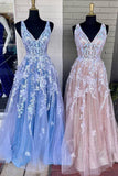 Straps V Neck Tulle With Appliques Prom Dresses Long Cheap Formal Dress RJS507 Rjerdress