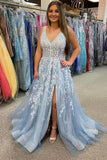 Straps V Neck Tulle With Appliques Prom Dresses Long Cheap Formal Dress RJS507