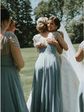 Stunning A Line Chiffon V Neck Dust Green Cap Sleeves With Ruched Long Bridesmaid Dresses Rjerdress