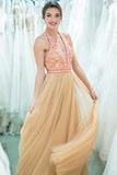 Stunning A Line Gold Halter Long Tulle Prom Dresses With Beads Rjerdress