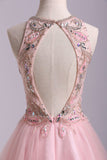 Stunning A Line Short/Mini Hoco Dress Tulle With Beaded Lace Bodice Open Back Pink Rjerdress
