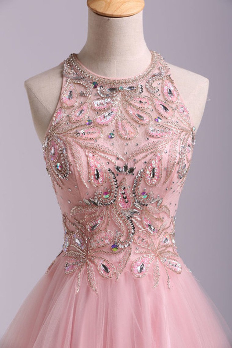 Stunning A Line Short/Mini Hoco Dress Tulle With Beaded Lace Bodice Open Back Pink Rjerdress