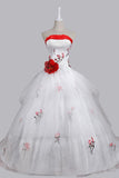 Stunning Ball Gown Strapless Wedding Dress with Embroidery Handmade Flower Lace-up RJS450