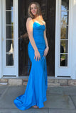 Stunning Blue Spaghetti Straps Mermaid Satin Long Prom Dress With Slit