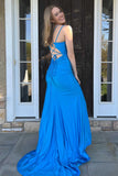 Stunning Blue Spaghetti Straps Mermaid Satin Long Prom Dress With Slit Rjerdress