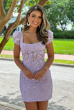 Stunning Bodycon Square Cap Sleeves Short Lavender Homecoming Dress with Appliques RJS449