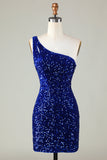 Stunning Hot Sale Sheath One Shoulder Sequins Mini Dress Homecoming Dresses Rjerdress