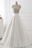 Stunning Ivory A-Line V-Neck Satin Backless Sleeveless Evening Prom Dress with Beaded UK RJS483
