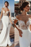 Stunning Mermaid Cap Sleeve Sheer Neck Long Wedding Dresses Beach Wedding Gowns Rjerdress