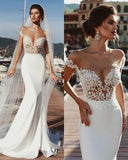 Stunning Mermaid Cap Sleeve Sheer Neck Long Wedding Dresses Beach Wedding Gowns