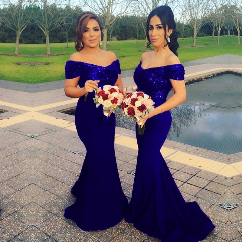 Stunning Off Shoulder Sweep Train Burgundy Mermaid Bridesmaid Dress with Sequins RJS617 Rjerdress