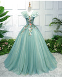 Stunning Off The Shoulder Ball Gown Quinceanera Dresses Tulle 3D Flowers Prom Dresses Rjerdress