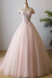Stunning Off the Shoulder Pink Ball Gown Quinceanera Dresses Tulle 3D Flowers Rjerdress