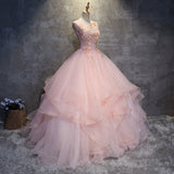 Stunning Scoop Neck Sleeveless Pink Ball Gown Quinceanera Dresses Tulle 3D Flowers Rjerdress
