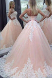 Stunning Sweetheart Floor-Length Appliques Lace up Strapless Ball Gown Tulle Wedding Dress RJS614