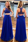 Stunning Two Piece Jewel Sleeveless Floor-Length Royal Blue Prom Dress with Beading RJS598
