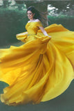 Stylish A-Line Off-Shoulder Yellow Chiffon Evening Dress with Beads Prom Dresses RJS457 Rjerdress