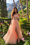 Stylish A Line Tulle Sweetheart Spaghetti Straps Slit Sleeveless Prom Dress With With 3D Flowers