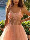 Stylish A Line Tulle Sweetheart Spaghetti Straps Slit Sleeveless Prom Dress With With 3D Flowers Rjerdress
