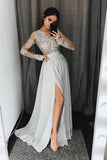 Stylish A-Line V-Neck Long Sleeves Split Front Gray Chiffon Long Prom Dresses rjs327 Rjerdress