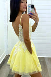 Stylish A Line V Neck Yellow Short Homecoming Dresses With Appliques Rjerdress
