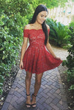 Stylish Gorgeous A-Line Off-Shoulder Red Lace Short Cute Mini Homecoming Dress RRJS195 Rjerdress
