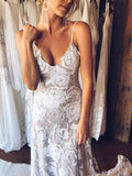 Summer Lace Backless Simple V Neck Ivory Spaghetti Straps Beach Wedding Dresses Rjerdress
