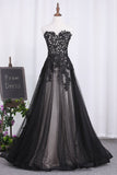 Sweetheart A Line Black Party Dresses Tulle With Applique Floor Length Rjerdress