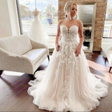 Sweetheart A Line Tulle Wedding Dresses With Applique Sweep Train Rjerdress