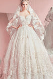 Sweetheart Ball Gown Sleeveless White Tulle Appliques Sweep Train Wedding Dresses Rjerdress