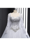 Sweetheart Bridal Dresses A Line With Beading Rhinestones Tulle Long Sleeves Chapel Train