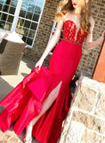 Sweetheart Crystal Beaded Mermaid Red Long Prom Dress Slit Side RJS229