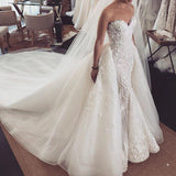 Sweetheart Mermaid Strapless Lace Appliques Wedding Dress with Detachable Train Rjerdress