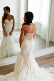 Sweetheart Mermaid Tiered Lace Wedding Dress Ruched Sweep Train Bride Dresses Rjerdress