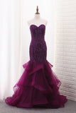 Sweetheart Mermaid Tulle Party Dresses With Beading Sweep Train