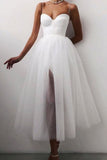 Sweetheart Neck Thin Straps Black/White Tea Length Prom Dress, Black/White Formal Evening Homecoming Dress with Slit Rjerdress